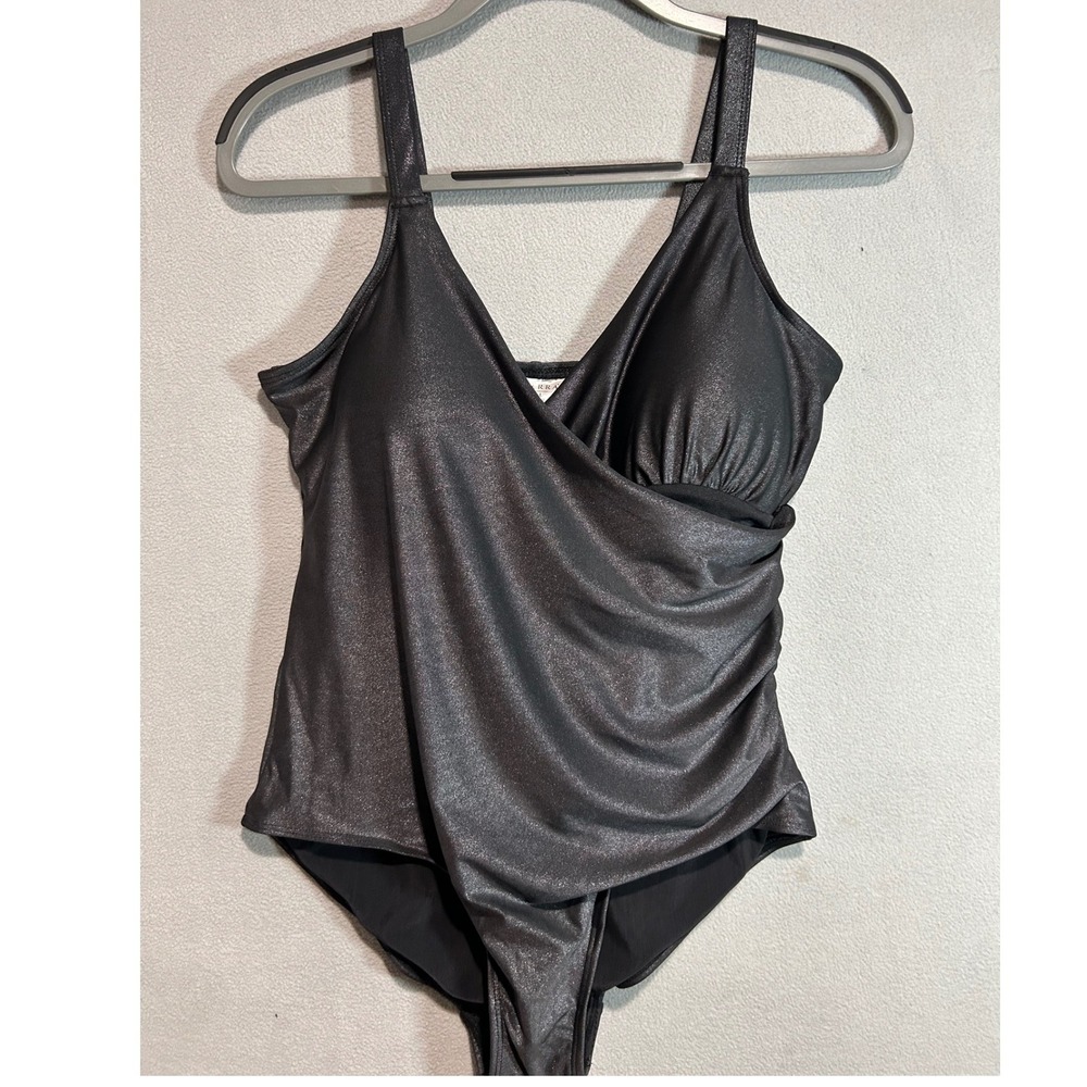 Serra One Piece Swimsuit Women Large Black Metallic Surplice Ruched Shimmer